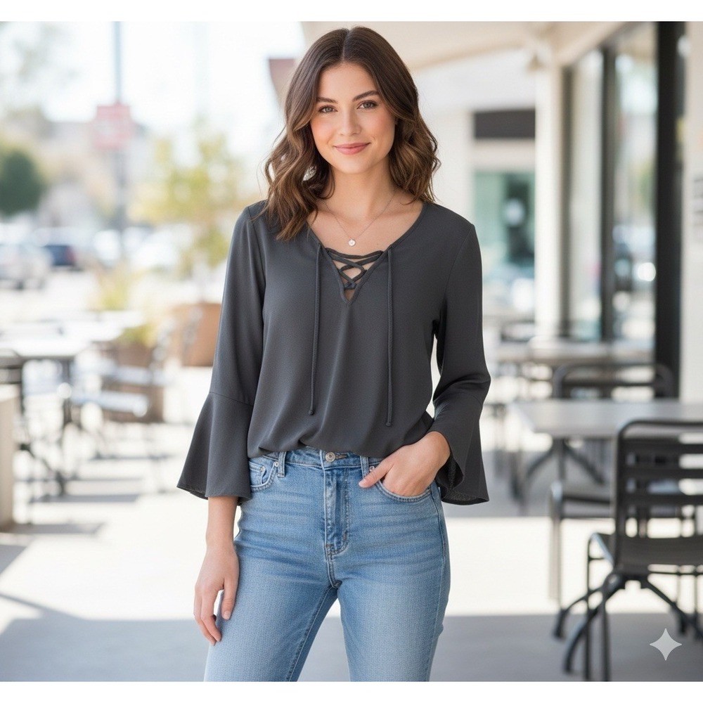 Aeropostale Womens Size Medium Grey Bell Sleeve Top Tie Modal Pullover Chic